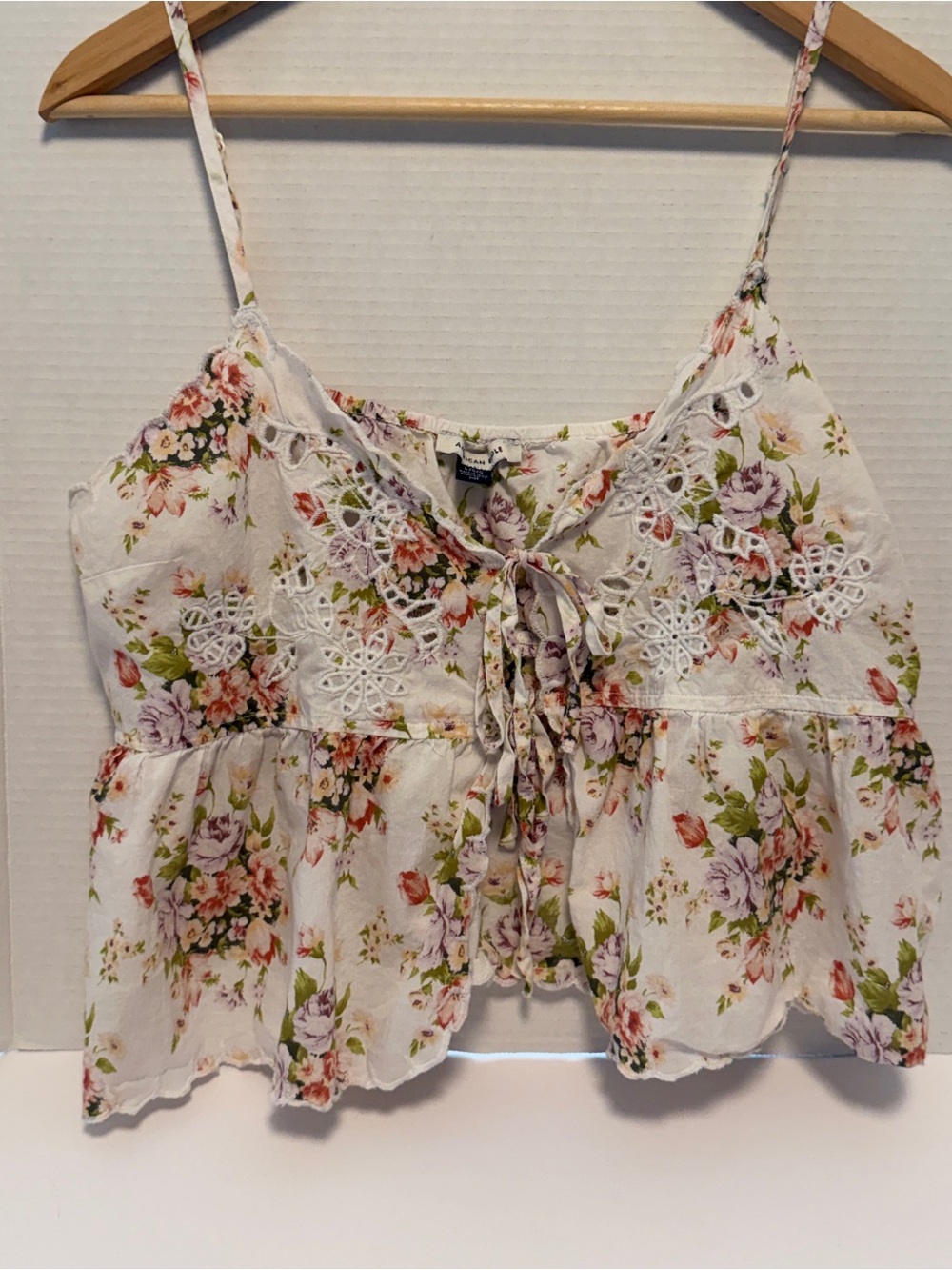 American Eagle Women’s Large Boho Cottagecore Floral Lace-Up Cropped Cami